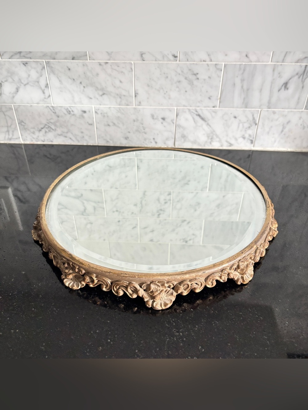 Vintage Ornate Gold Metal Footed Plateau Mirror, Victorian Style Round Tray